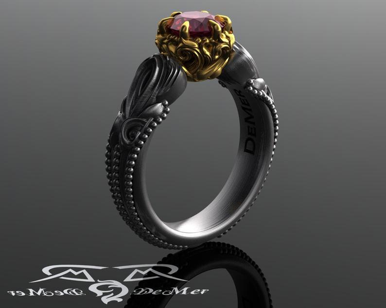 Nhẫn đính hôn Garnet 2 tông màu đen trắng cổ kính và vàng châu Âu của DeMer Jewelry