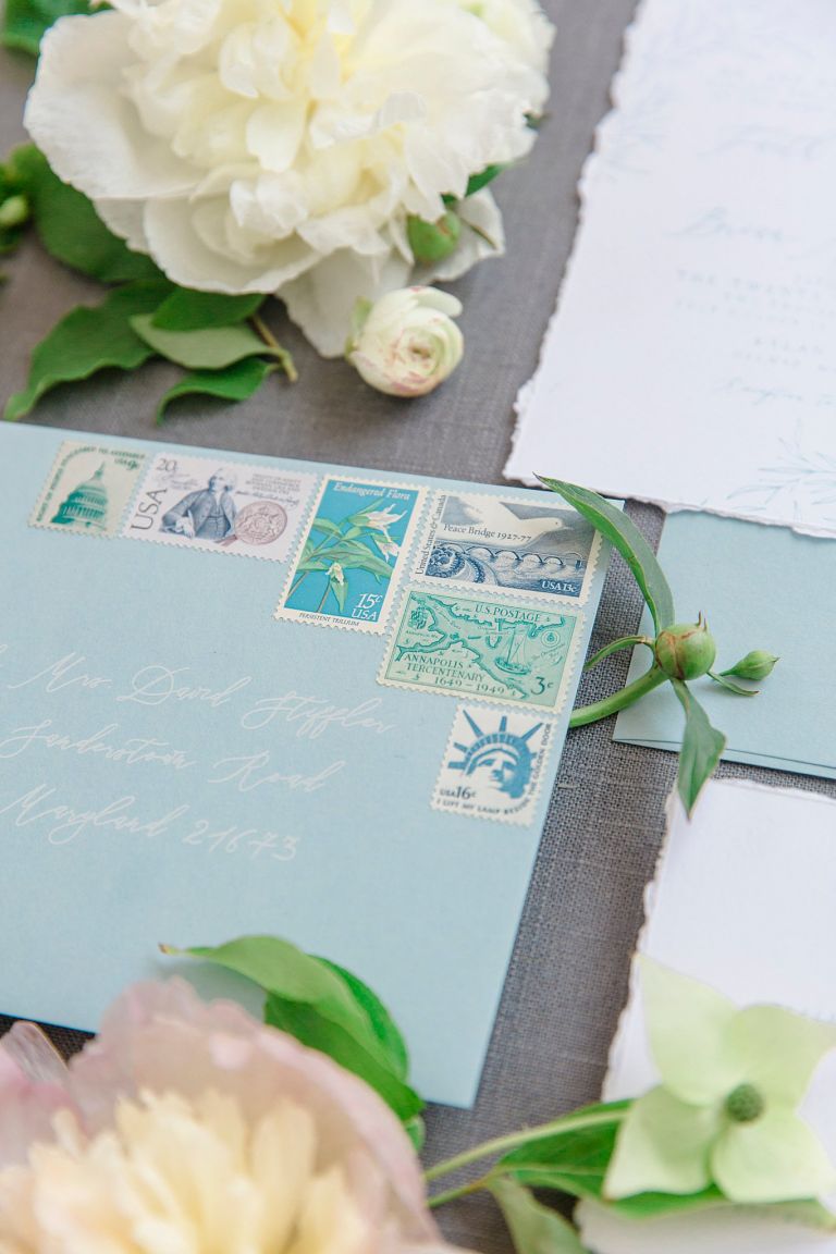 Lời mời với nhiều tem bưu chính khác nhau Màu xanh Virginia Micro Đám cưới Sự kiện thân mật Ngày trọng đại