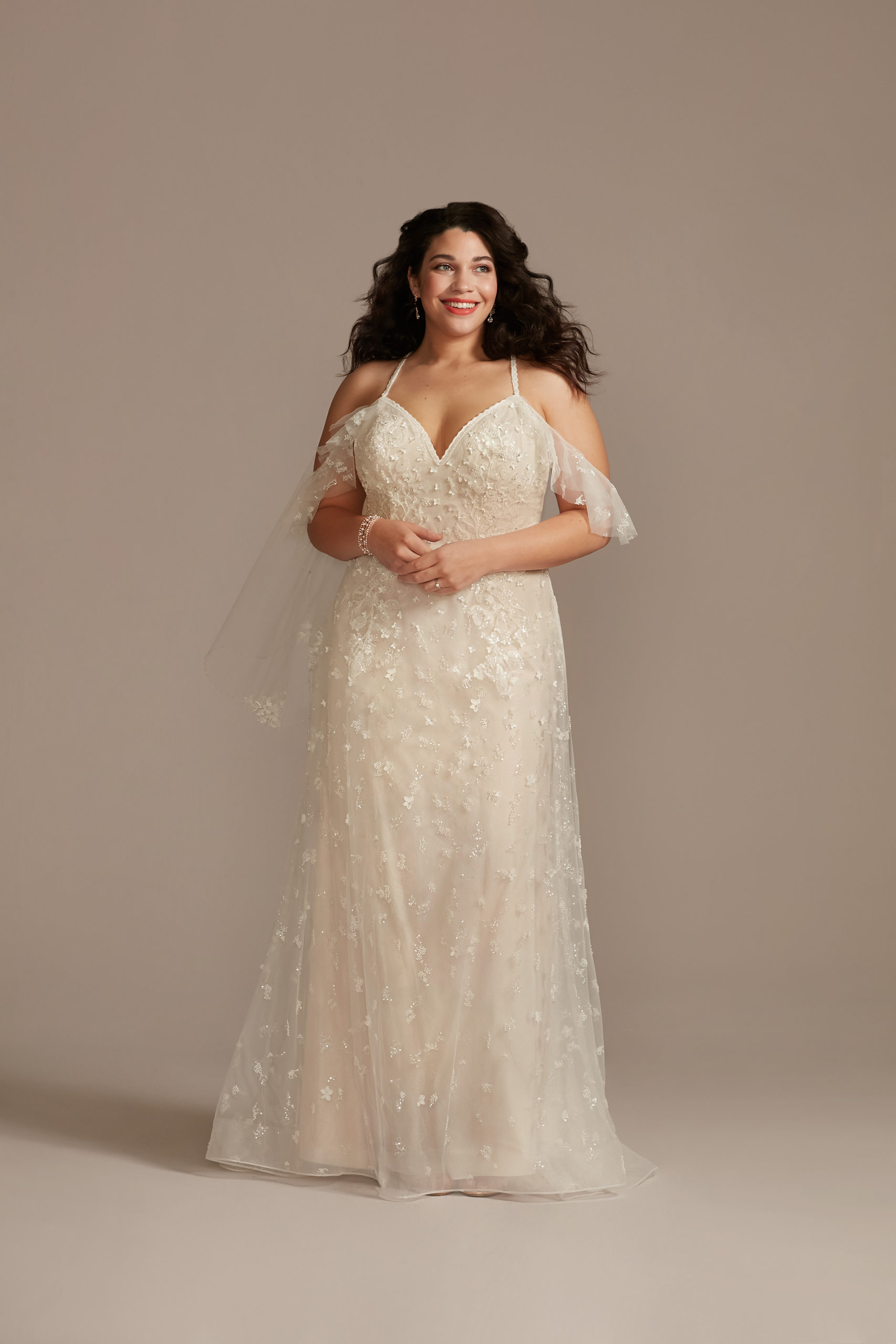 cô dâu mặc trang nhã Flutter Sleeve 3D Floral Plus Size Wedding Dress