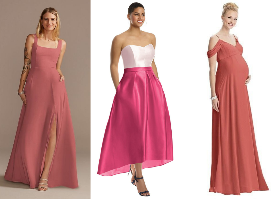 ba chiếc váy phù dâu màu hồng