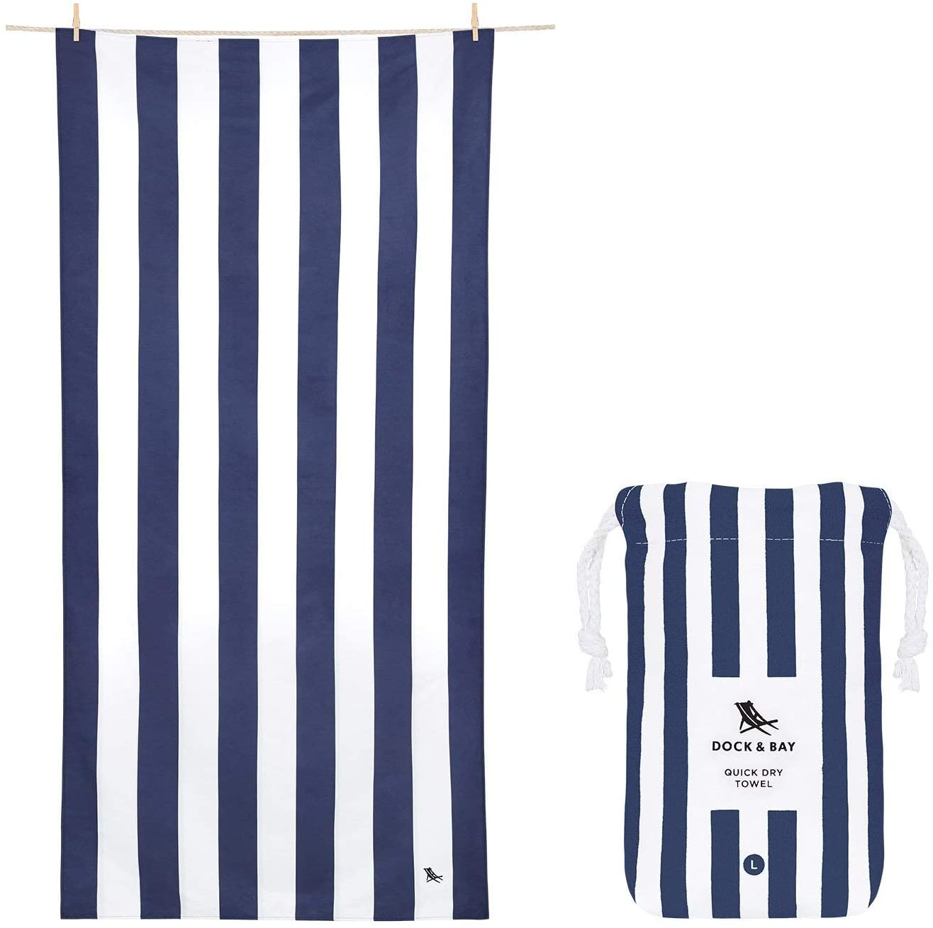 compact beach towel in blue and white stripes