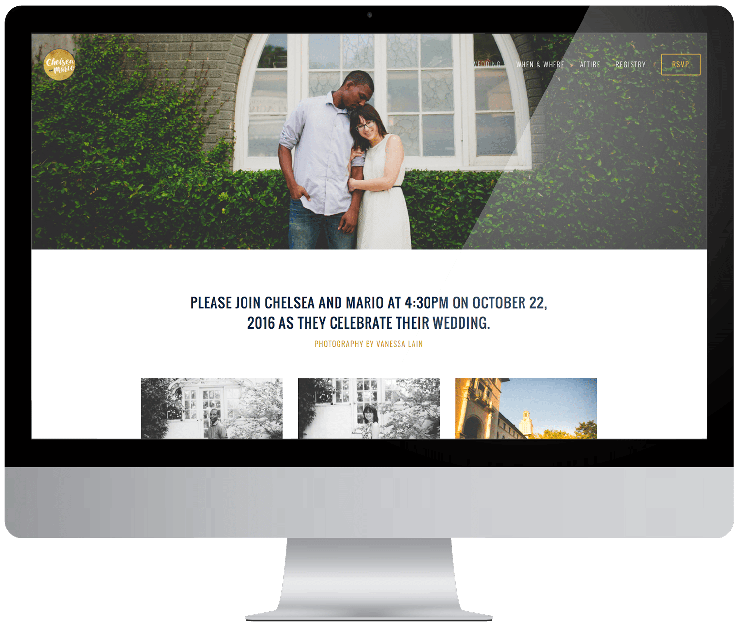 Trang web đám cưới như được hiển thị trên màn hình máy tính apple
