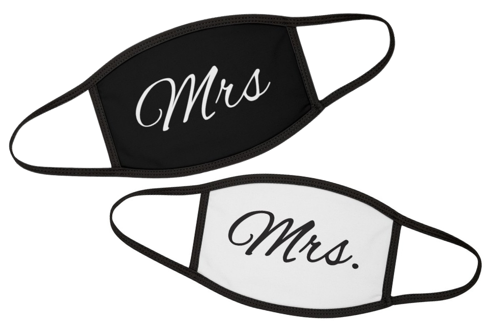 Two face masks that say "Mrs." on them