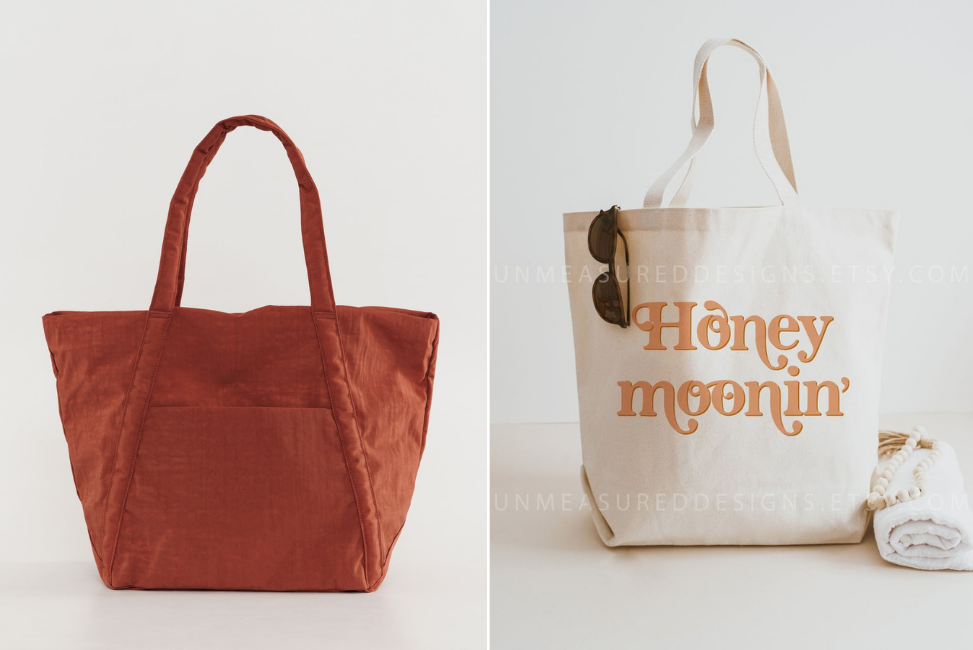 Two tote bags, one saying 'honeymoonin'' on it