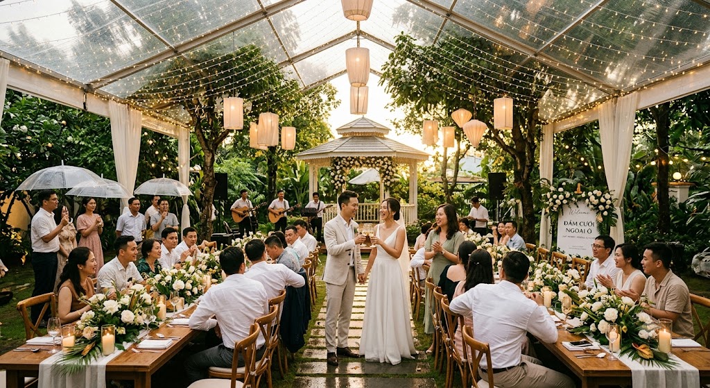 chuẩn bị tiệc cưới ngoài trời