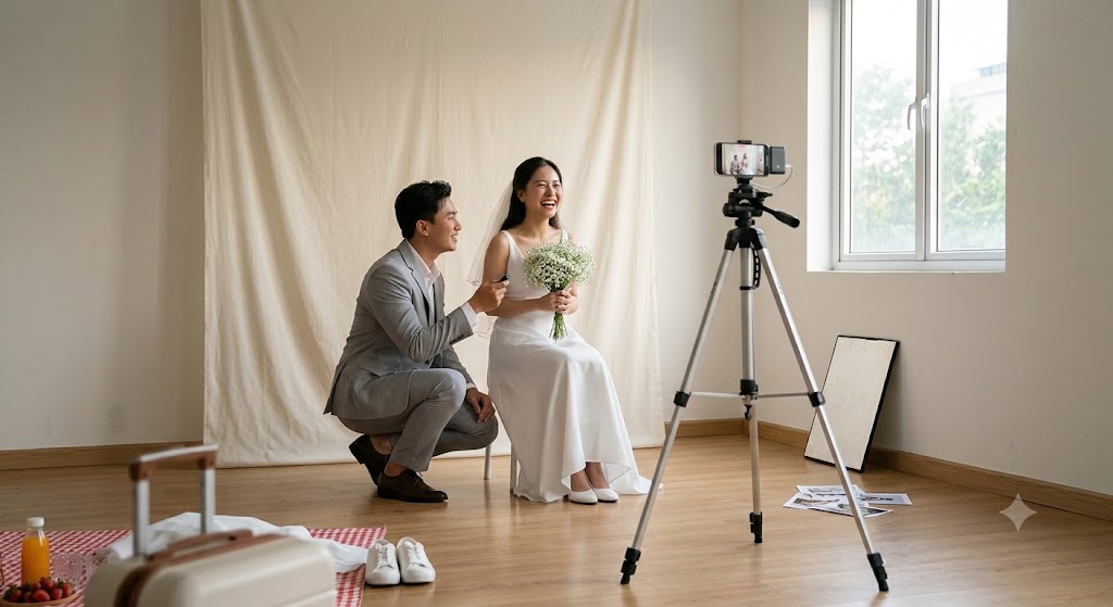 tự chụp ảnh cưới Concept Hàn Quốc Tối Giản Trong Phòng